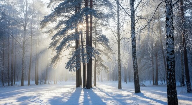 Tranquil winter forest landscape at sunrise with snow-covered trees