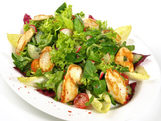 Fresh Mixed Salad with grilled Chicken Breast isolated on white Background