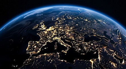Earth at night showing europe and the middle east with city lights from space perspective view