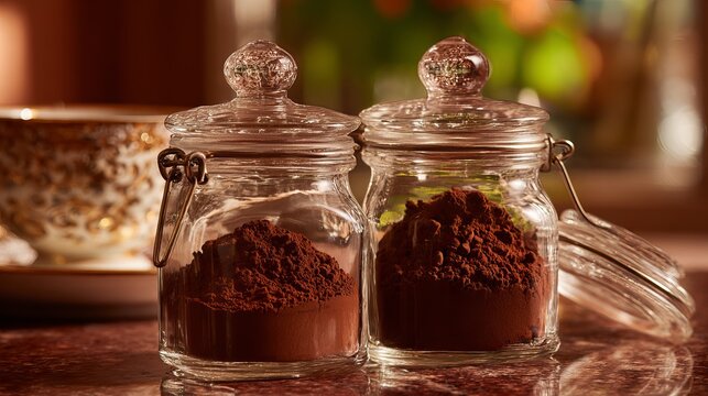 Rich cocoa powder stored in elegant glass jars, ready for decadent baking and gourmet creations, evoking warmth and indulgence.