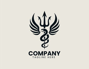 Dynamic stylized trident illustration with coiled snake and intricate wing-like tribal elements