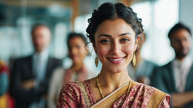 Confident Indian businesswoman radiating success and cultural pride in a modern office setting, inspiring achievement