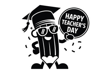 Happy teacher s day cartoon pencil character wearing graduation cap and sunglasses