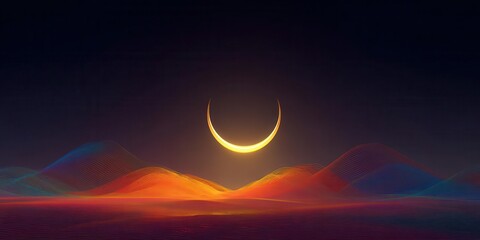 Abstract Crescent Moon Above Wavy Luminous Landscape