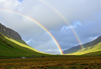 Obraz premium Vibrant double rainbow arching across a lush green valley with dramatic skies and distant mountains during a serene moment of atmospheric wonder