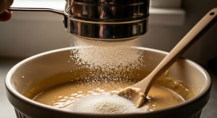 Baking preparation with flour sifting into mixing bowl for delicious homemade treats