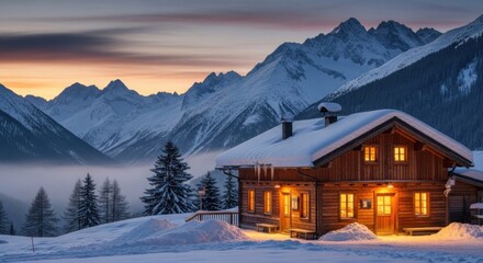 Cozy cabin retreat in snowy mountain landscape during sunset for winter getaway inspiration