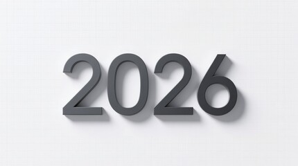 Minimalist 3D rendering of "2026" in grey on a white grid background, ideal for business planning and future concepts