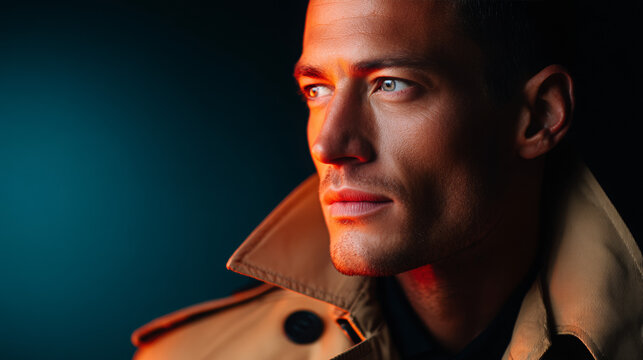 Man in trench coat with slicked-back hair under neon glow in darkness