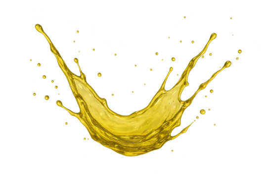 Cooking oil liquid splash forming yellow wave with drops, pouring food ingredient with transparent background