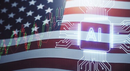 American flag backdrop with ai circuit board overlay and stock market candlestick chart element blend 100