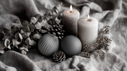monochrome eco vintage christmas still life, sustainable holiday composition: natural materials, linen textures, candlelight in grayscale, nostalgic simplicity, timeless elegance, matte lighting