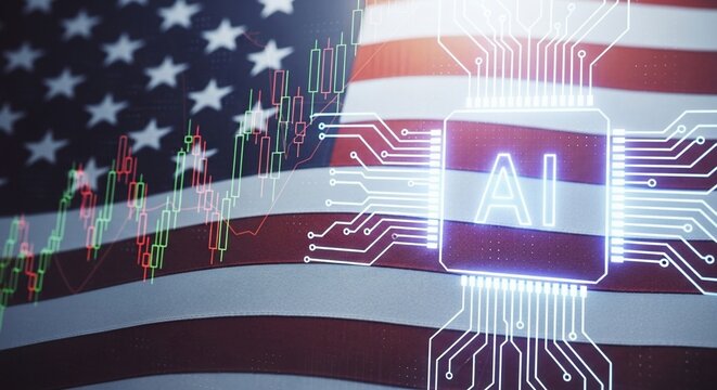 American flag backdrop with ai circuit board overlay and stock market candlestick chart element blend 100 - Powered by Adobe
