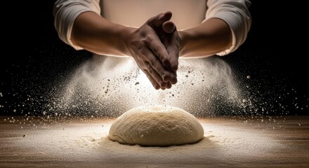 Baking passion: hands kneading flour on dough with dramatic light in rustic kitchen ambiance