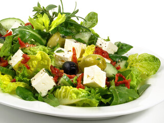 Fresh Mixed Salad with Feta Cheese, Olives and dried Tomatoes
