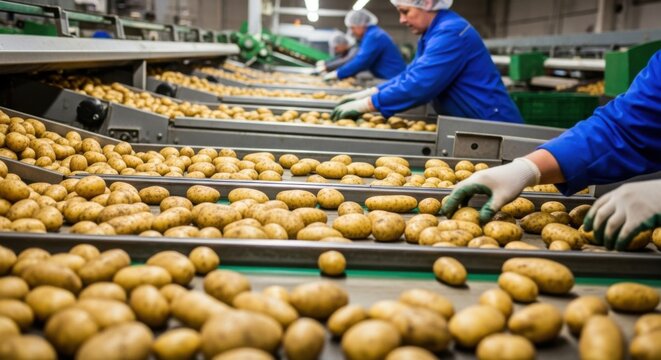 Industrial potato sorting process in a modern food processing facility
