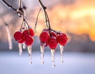 Frozen Red Berries on Branch at Sunset