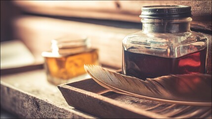 inkwell. A vintage desk featuring a feather quill and inkwell, illuminated by warm side lighting. real-estate listings.