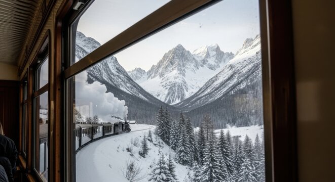 Scenic winter train journey through snowy mountains and forests