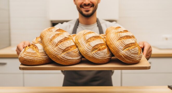 Freshly baked artisan bread held by smiling baker in kitchen setting for culinary and bakery design