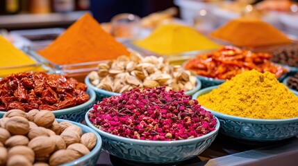 Assorted colorful spices displayed in bowls at market, vibrant gourmet ingredients and traditional cuisine concept for culinary art and gastronomy