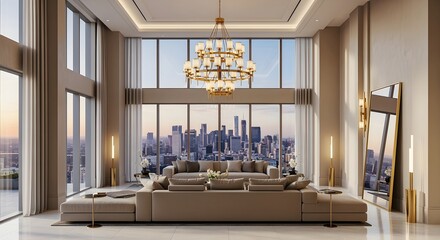 Luxurious modern living room with panoramic city skyline views at sunset.