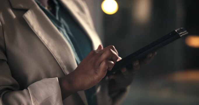 Hands, business and person with tablet at night for editor feedback, information and article post. Journalist, bokeh and digital for proofreading news, update draft and working late for publication