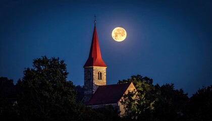Full Moon Over Illuminated Church Steeple with Red Roof Against Dark Blue Night Sky and Silhouetted Trees in Foreground Landscape © fitra