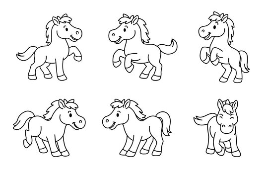 Set of line art cartoon horses, different poses of cute ponies, vector outline illustration for coloring or design elements.
