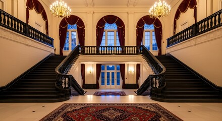 Grand staircase and opulent lobby with chandeliers and rich red curtains, exuding elegance and luxury.