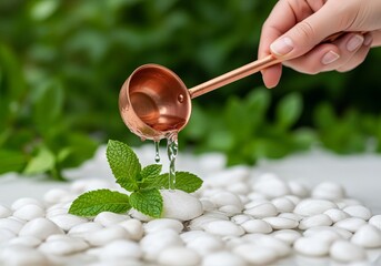 Hand pouring water from a copper ladle onto a fresh mint sprig. Natural spa, wellness, and aromatherapy concept with herbal ingredients on white stones