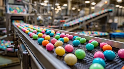 Naklejka premium Vibrant colorful candies moving along an industrial production line in a modern factory setting