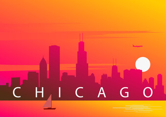 Chicago skyline in vector. Sunset over the city. Creative illustration of the Chicago cityscape and Lake Michigan, USA