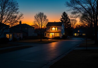 Warmly lit suburban house at dusk on a quiet street with colorful sky