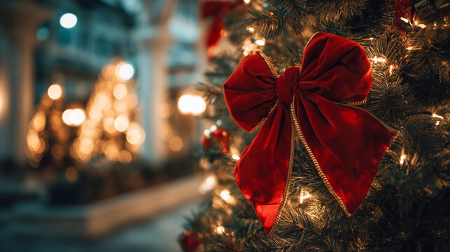 tied red velvet bow with gold trim adorns a Christmas tree, surrounded by glowing lights in a warmly lit festive setting