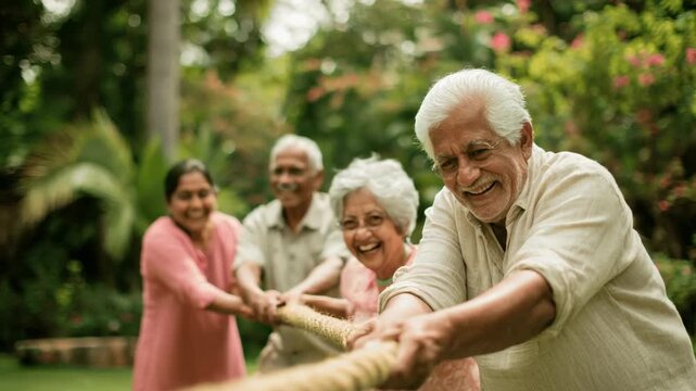Happy senior asian indian man enjoying tug of war game with other old retired people. Elderly group having fun outdoors, friendly competition, leisure. Green park background. Joyful family fun.