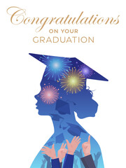 Congratulations on graduation. Silhouette of a graduate wearing an academic cap against a backdrop of celebratory fireworks, their hands tossing their academic caps into the air. Congratulatory vector