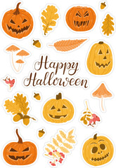 Hand drawn Halloween sticker set with pumpkins, autumn leaves, acorns, and mushrooms featuring Happy Halloween text. Concept of spooky celebration, fall season, and festive decoration
