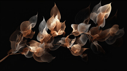 dry autumn leaves inspired pattern with fractal vines twisting over black background