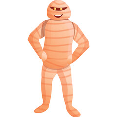 Cartoon Mummy Character With Orange Bandages and Glowing Eyes Standing Confidently With Hands On Hips Against A Transparent White Background