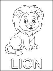 Adorable Cartoon Lion Sitting and Smiling. Simple and Cute Jungle Animal Coloring Page for Kids with Text 'LION'. Easy Printable Educational Activity Sheet