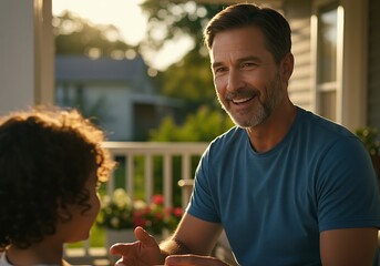 Happy father interacting with child on sunny porch, warm family moment outdoors