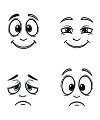 Cartoon Face Emotions Happy, Smiling, Sad, and Worried Expressions
