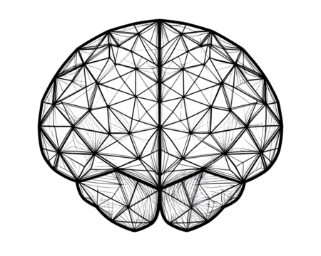 A modern geometric line art brain symbol created with fine black outlines, representi 