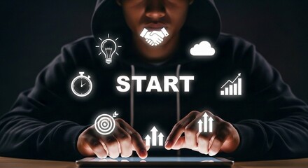Hooded Figure Using Tablet with Glowing “START” Icons Representing Digital Innovation