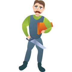 Cartoon Manual Laborer Character Wearing Blue Overalls Green Long Sleeve Shirt and Black Boots Holding Saw and Orange Folder on Transparent Background