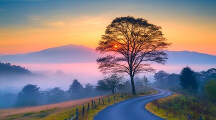 Stunning Sunset Over Misty Mountains with a Peaceful Country Road Amidst Lush Greenery
