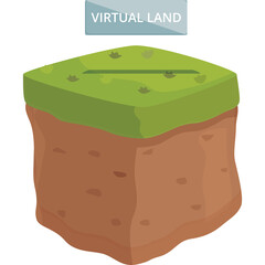 A simplified 3D cube representing a block of land with green grass on top and brown soil below with the words Virtual Land on a blue banner above against a transparent background