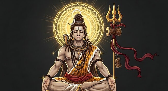 Tranquil Mahadev Illustration with Golden Mandala