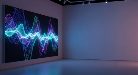 Dynamic Generative Art Display with Glowing Abstract Waveforms in a Modern Exhibition Space.